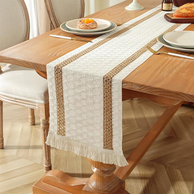 Niviy Boho Table Runner for Home Decor 144 Inches Long Farmhouse Macrame Table Runner Cotton Linen Woven Table Runners for Summer Dining Table Decoration, Beige & Brown