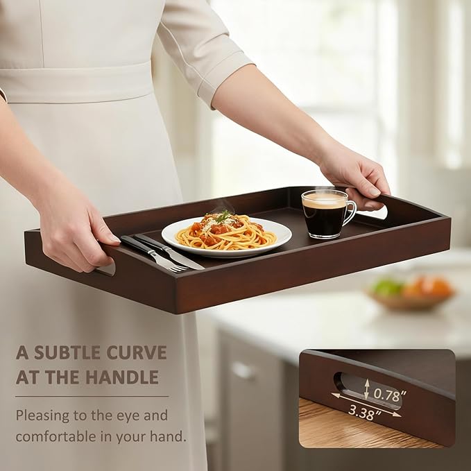 Bamboo Serving Tray with Handles, Set of 2 Large Wood ServingTrays for Food & Coffee, Elegant Wooden Tray for Breakfast in Bed, Kitchen & Party - Black Walnut Finish