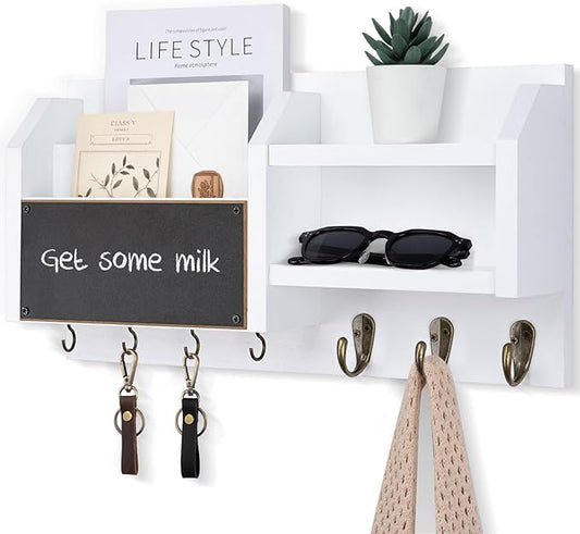 Mail and Key Holder – Wall Mount Key Hanger with Shelf and 7 Metal Hooks – Decorative Natural Paulownia Wood Entryway Organizer with Mounting Hardware (16.5”W x 8.7”H x 3.5”D) (White)