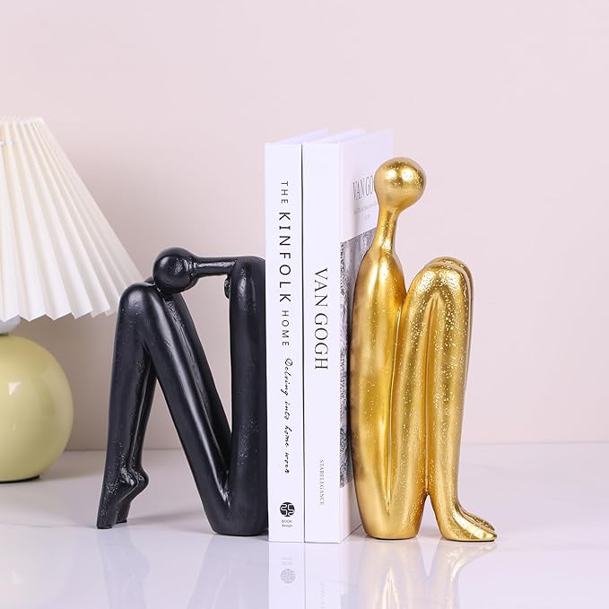 Thinker Statue Decorative Bookends,1 Pair/2 PCS Book Ends for Shelves Unique Modern Book Stopper for Heavy Books, Abstract Aesthetic Decor, Modern Home Bookshelf Decoration (Black Gold)