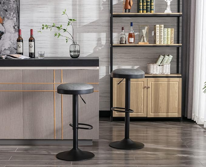 CIMOTA Swivel Round Bar Stools Set of 1 Backless Adjustable Counter Height Barstools Modern Industrial PU Leather Bar Stool Chair for Kitchen/Home Bar/Pub/Bistro/Office, Retro Grey