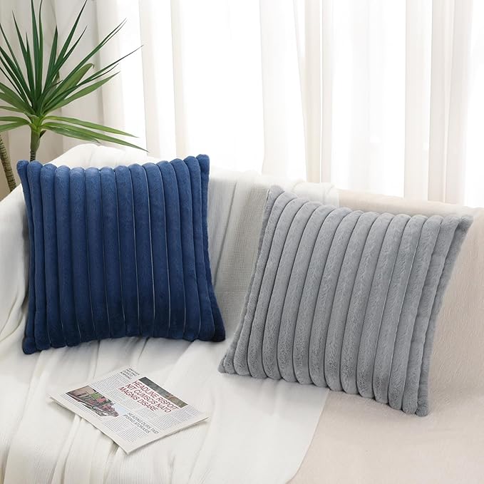 Pallene Faux Fur Plush Throw Pillow Covers 18x18 Set of 2, Luxury Soft Fluffy Striped Decorative Pillow Covers for Sofa, Couch, Living Room, Navy Blue