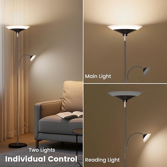 SIBRILLE Upgraded 2-in-1 Torchiere Floor Lamp, Dimmable Standing Lamp with Remote&Touch Control, 34W Brightness Adjustable Floor Reading Light, Black Modern Corner Lamp for Living Room Bedroom Office