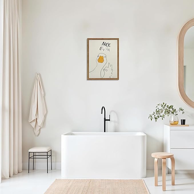 Framed Funny Duck Bathroom Wall Art, Humorous Canvas Wall Decor Painting, Minimalist Farmhouse Cute Goose Animal Print Posters Pictures for Bathroom Restroom 16x24 Inch