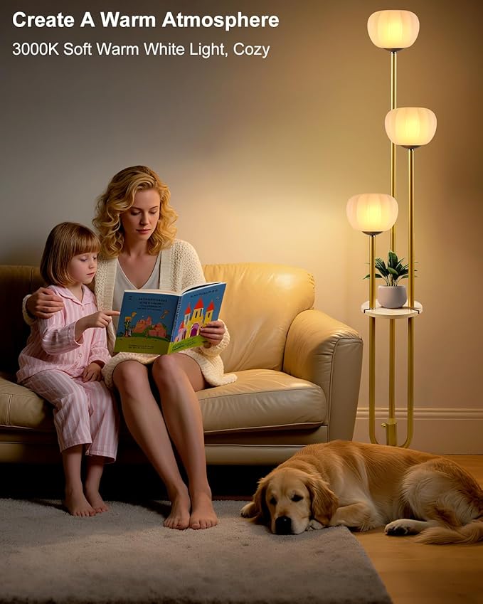 Lightdot Gold Floor Lamp with Table, Modern Dimmable Floor Lamps with Pumpkin Lampshade, 3000K Soft Warm White Bulbs Included, 3-Light Tall Standing Lamp for Living Room/Bedroom