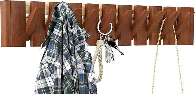Wood Wall Mounted Coat Rack with 10 Flip Down Hooks, Heavy Duty Piano Style Wall Hook Rack, Decorative Coat Hooks Wall Mount for Entryway, Living Room, Bedroom, Bathroom, Kitchen