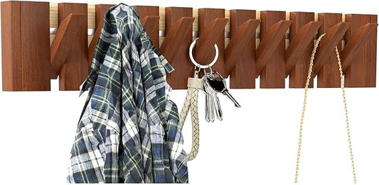 Wood Wall Mounted Coat Rack with 10 Flip Down Hooks, Heavy Duty Piano Style Wall Hook Rack, Decorative Coat Hooks Wall Mount for Entryway, Living Room, Bedroom, Bathroom, Kitchen