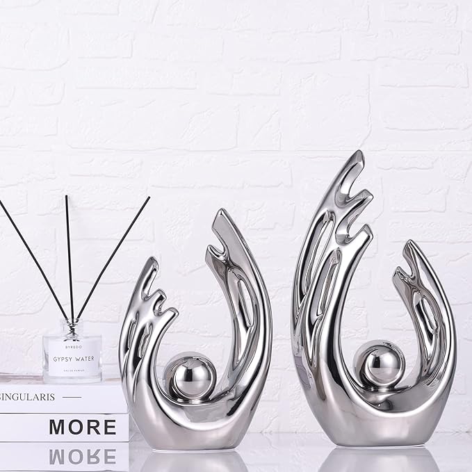 12"H Modern Silver Home Accent, Ceramic Tv Stand Centerpiece Decor, Mid Century Modern Abstract Aesthetics Silver Desk Accessories, Office Table Party Decor