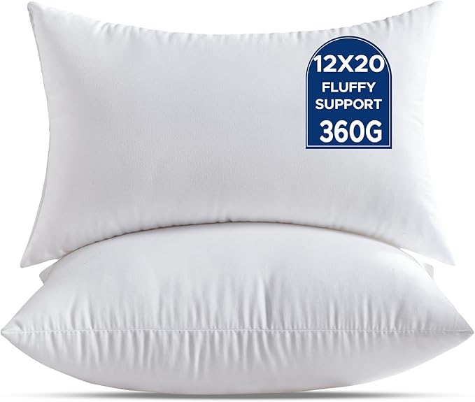 QSWRD 12 x 20 Throw Pillow Inserts Pack of 2 Small White Decorative Lumbar Pillows for Couch Bed Sofa Rectangle Cushion Sham Stuffer Indoor