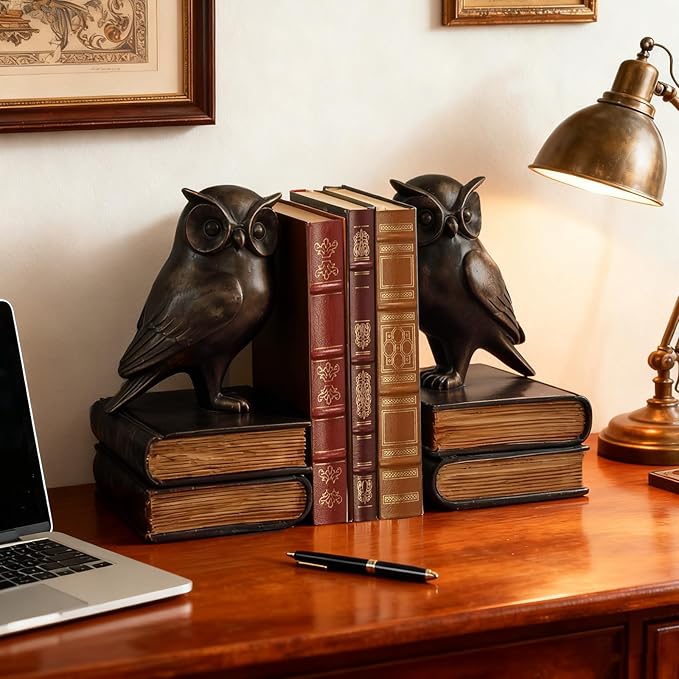 Dosker Book Ends for Shelves,Retro Owl Decorative Bookends,Cute Animal Book Holders for Kids Rooms,Offices and Bedrooms(Black)
