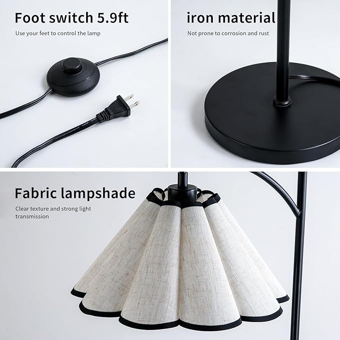 Omlaamy Floor Lamp with Pleated Linen Lampshade, Modern Flower Floor Lamp for Living Room Arc Standing Lamp, Gold Tall Lamp for Bedroom Office Dining Room, Bulb Included (Black + Black, 66.14IN)