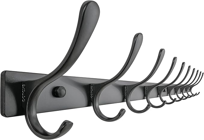 SKOLOO Coat Rack Wall Mounted - 10 Hooks, Heavy Duty, Stainless Steel, Metal Wall Hangers, Sturdy Coat Hooks for Hanging Coats, Jacket, Clothes, Hat, Black