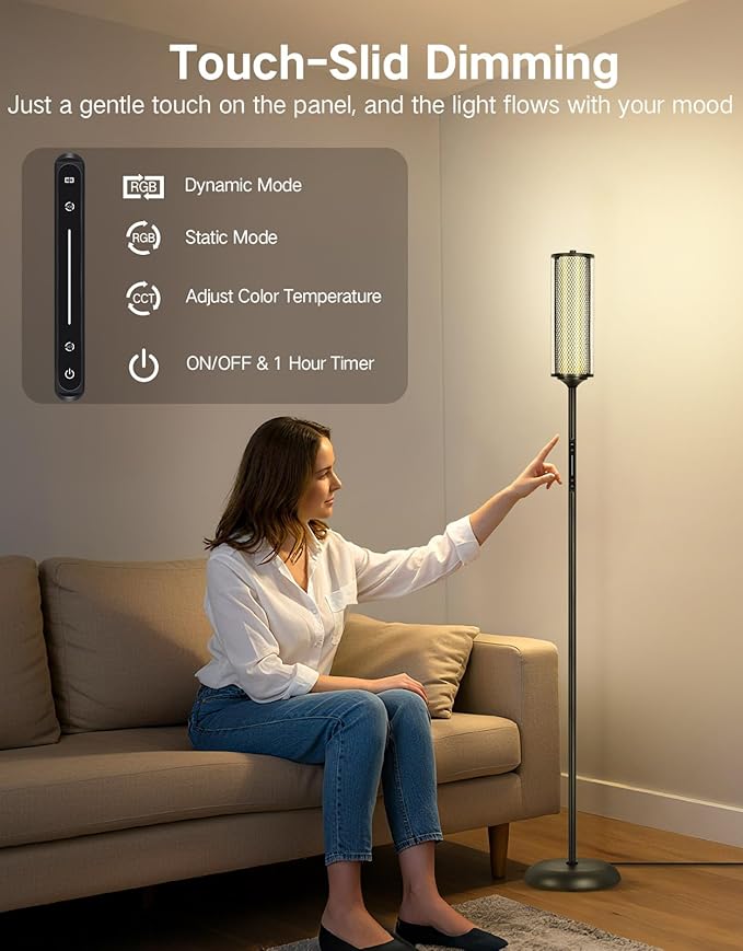 OUTON LED Floor Lamp with Remote & APP Control, Tall Standing Lamp, 16 Million Colors, 32 Scene Modes & Music Sync, Modern Corner Lamps for Living Room, Bedroom, Gaming, Black & Glass Lampshade