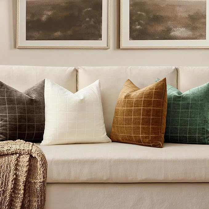 MIULEE Decorative Chenille Check Euro Shams Throw Pillow Covers Vintage Plaid Couch Pillows 24x24 Inch Set of 2 Neutral Boho Cushions Modern Spring Home Decor for Sofa Bed Living Room Moss Green