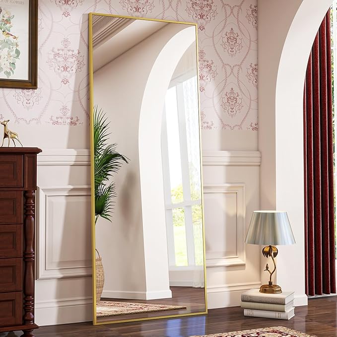BEAUTYPEAK Full Length Mirror, 71"x26" Standing Hanging or Leaning Against Wall Floor Mirrors Body Dressing Wall-Mounted for Living Room, Bedroom with Aluminum Alloy Thin Frame, Gold