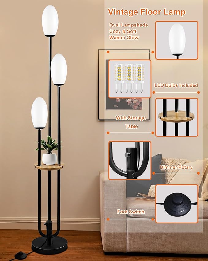 Lightdot Black Dimmable Floor Lamp with Table, 63IN Mid-Century Oval Floor Lamps with 3000K Soft Warm White Bulbs, 3-Lights Candle Holder Style Modern Tall Standing Lamp for Living Room