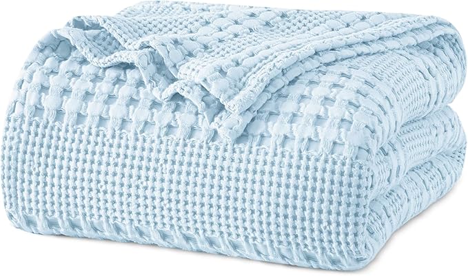 PHF 100% Cotton Waffle Weave Blanket Queen Size for Bed, Soft Lightweight & Breathable, All-Season Comfort, 300 GSM Luxury Aesthetic Blanket for Home Decor, 90"x90", Baby Blue