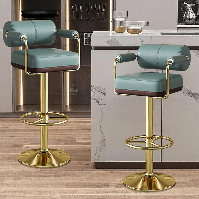 Extra Tall Bar Stools Swivel Counter Height Chair for Kitchen Island Modern Black Leather Adjustable Barstool with Arms,Green
