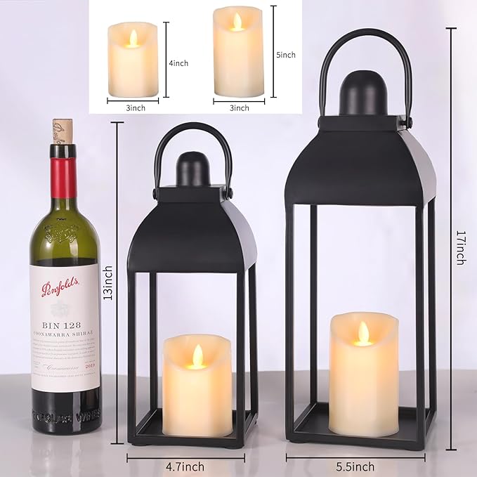 Lanterns Decorative Outdoor Indoor, Black Metal Outdoor Lanterns, 17'' 13'' Set of 2 Modern Farmhouse Candle Lantern Christmas Lanterns Centerpieces for Home, Wedding, Patio, Porch, Mantel