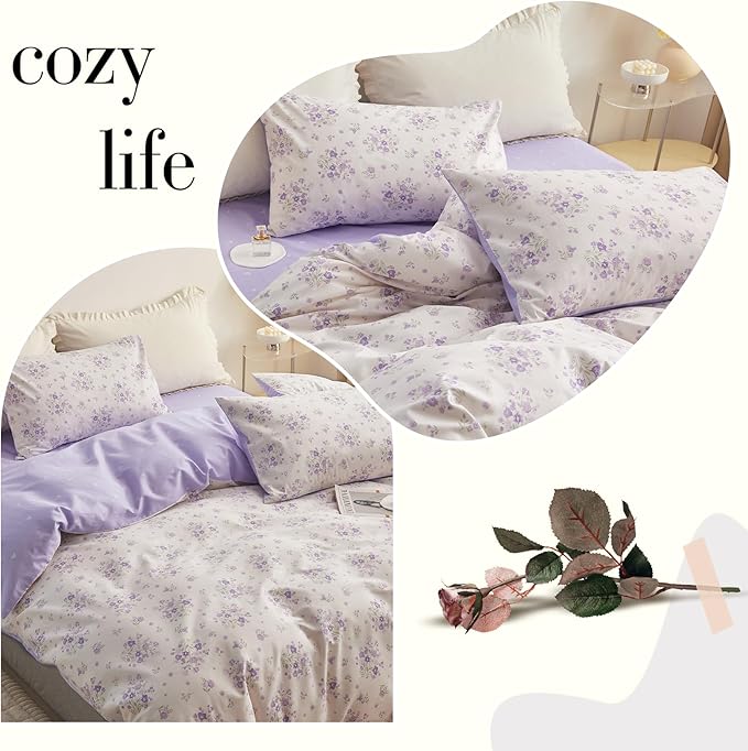 LifeTB Cotton Floral Duvet Cover Queen Vintage Style Purple Floral Bedding Set Chic Garden Flower Duvet Cover Boho Floral Botanical Comforter Cover with 2 Pillowcases Cottagecore Bedding Set Queen