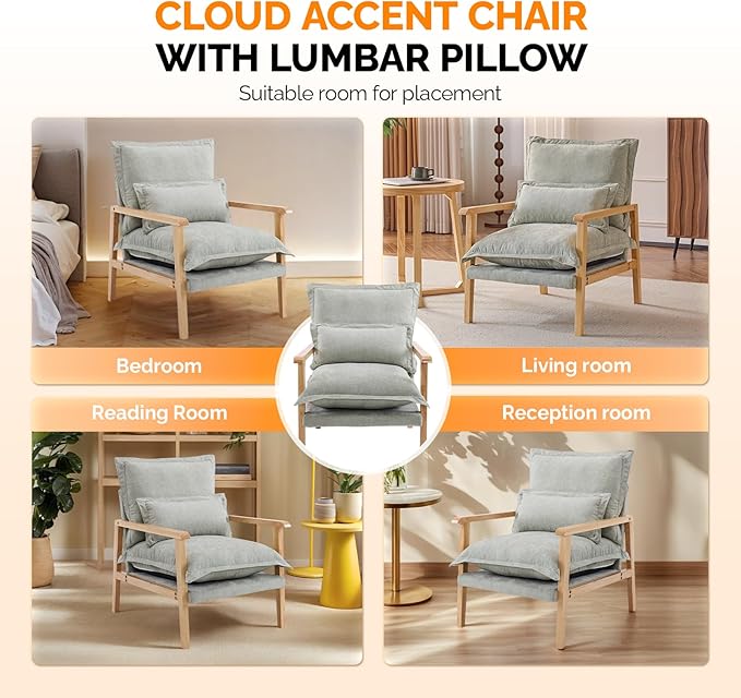 VINGLI Mid-Century Modern Cloud Accent Armchair with Lumbar Pillow, 6.3'' Thick Seat Cushion Comfy Reading Chair with Wooden Armrests，Boho Lounge Chair for Bedroom, Living Room, Chenille, Sage Green