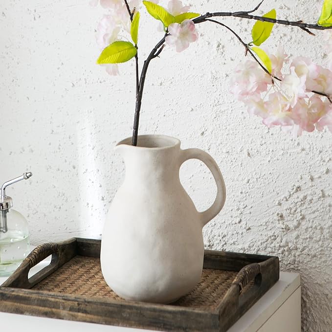 Kimdio Ceramic Vase with Handle, Modern Farmhouse Pitcher Vases for Home Decor, Rustic Pottery Vase, Decorative Clay Flower Vase, Centerpieces for Living Room