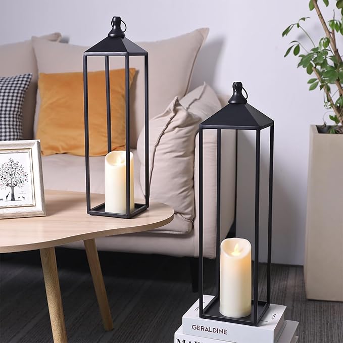 22'' 19'' Large Lanterns Decorative Outdoor Indoor, Set of 2 Black Metal Candle Lanterns Christmas Lanterns Modern Farmhouse Floor Lanterns Decorative for Home Decor, Mantle, Patio, Porch, Garden