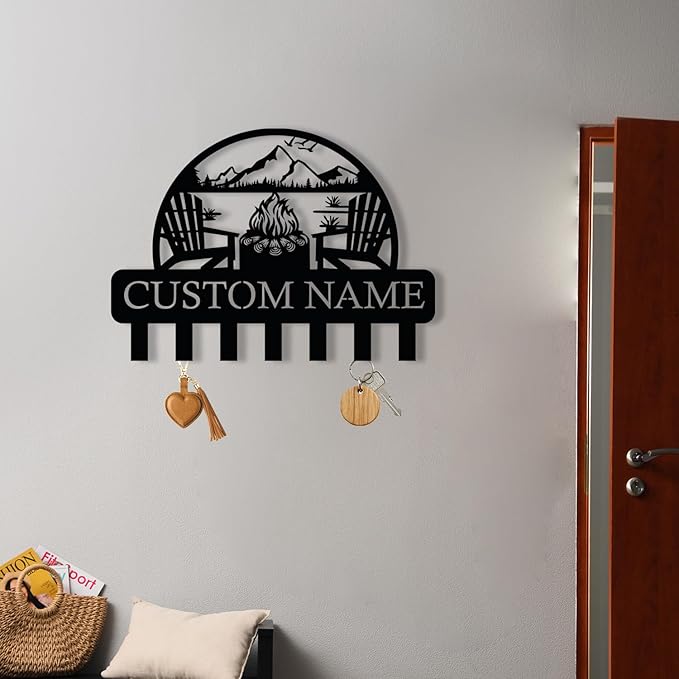Personalized Campfire Design Metal Key Holder for Wall, Metal Wall Mount Custom Name Hooks, Cabin Key Hooks, Camp Area Key Hanger Decor, Key Rack for Farmhouse, Key Organizer for Living Room, Entryway