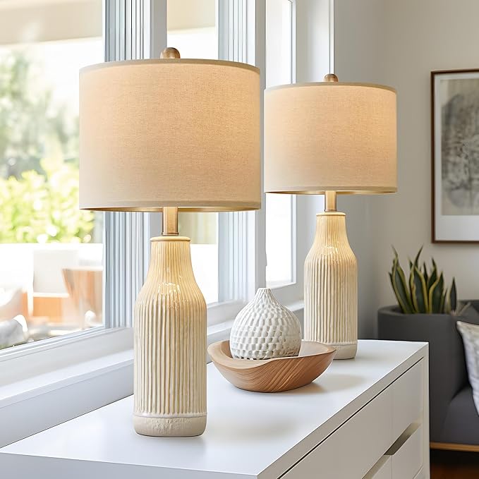 23.75 inches Modern Ceramic Table Lamp Set of 2 for Living Room, Farmhouse Bedside Nightstand Lamp for Bedroom Home Office Dorm