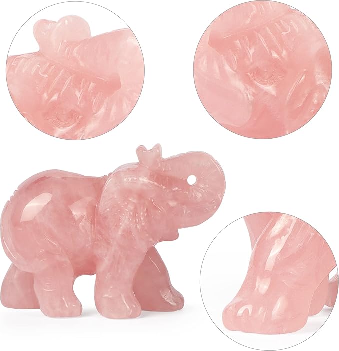 2.5in Hand Carved Rose Quartz Crystal Elephant Statue - Healing Craft Home Office Decor & Gifts