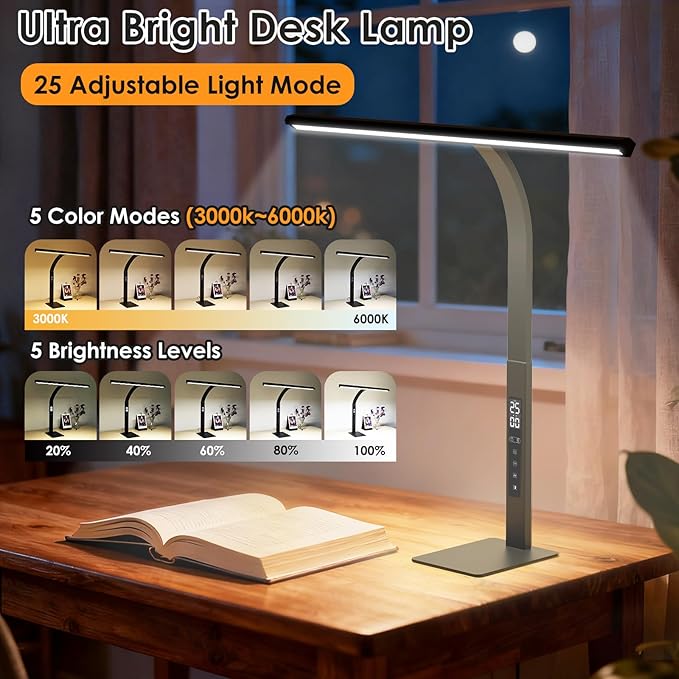 LED Desk Lamp for Office Home: Table Light with Base Pomodoro Timer, Clock LCD Display 5 Color Dimming Bright Lighting Desktop, Adjustable Flexible Gooseneck, Task Lamp for Reading Study Work Drafting