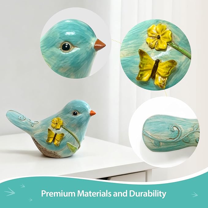 Blue Resin Bird Sculpture Home Decor, 4.3 Inch Cute Statues Decorative Objects for Room, Bedroom, Living Room,Office Desk, Book Shelf,Coffee Table,Entryway, Gifts for Bird Lovers