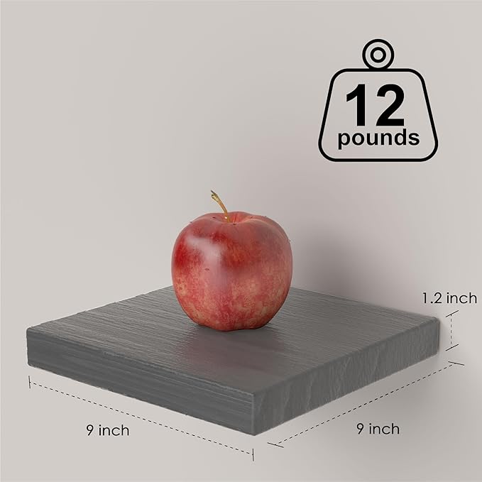 Small Floating Shelves for Wall - 9 Inch Mini Square Grey Shelves for Bedroom, Living Room, Bathroom, Kitchen, Office Decor Set of 3