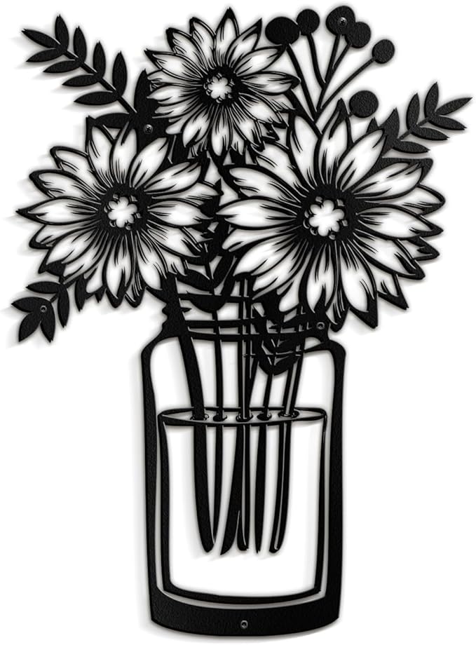 SIGNLEADER Metal Wall Art Decor Sunflowers in Vase Minimalist Modern Abstract Wall Sculpture Hangings Home Decoration for Living Room, Bedroom, Bathroom, Kitchen, Outdoor - 18" Black