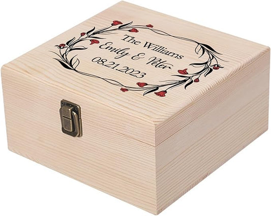 Personalized Wedding Keepsake Box Custom Name Date, Wooden Memory Box Wedding Gift Box for Couples Newlyweds - Customized Gifts for Bridal Shower Anniversary Engagement Christmas