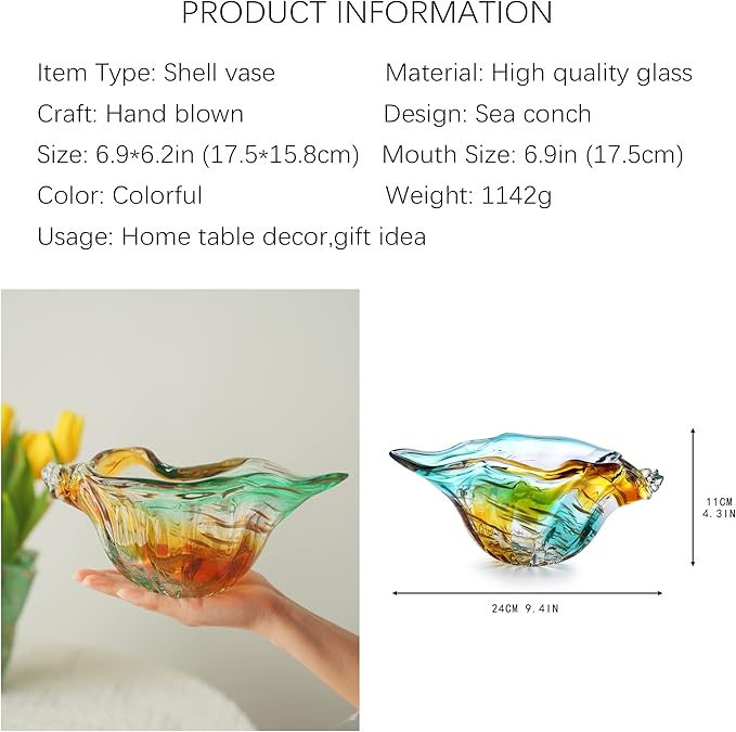 9inch Blown Glass Shell Vase,Handmade Seashell Potpourri Holder Art Glass Conch Seashell Figurine Collectibles Unique Conch Bowl for Home Decor Valentines Day Gift,Colorful
