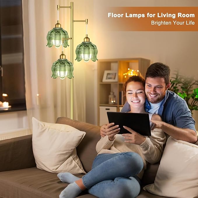 Vintage Floor Lamps for Living Room Bedroom-3 Light Glass Floor Lamp with Three Led Bulb, Flower Tall Floor Lamp Gold Mid Century Modern Standing Lamp Tree Floor Lamps for Living Room Bedroom Corner