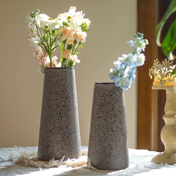 Bdor Ceramic Vase Set of 2, Modern Farmhouse Home Decor, Grey Vase with Polka Dots, Perfect for Dining, Living, Bathroom & Kitchen