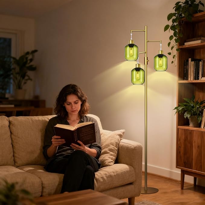 LVYE Glass Floor Lamps for Living Room, Modern Standing Lamps with Green Shade, Dimmable Green Tall Floor Lamp, Mid Century Gold 3 Lights Tall Tree Lamp with 3 LED Bulbs