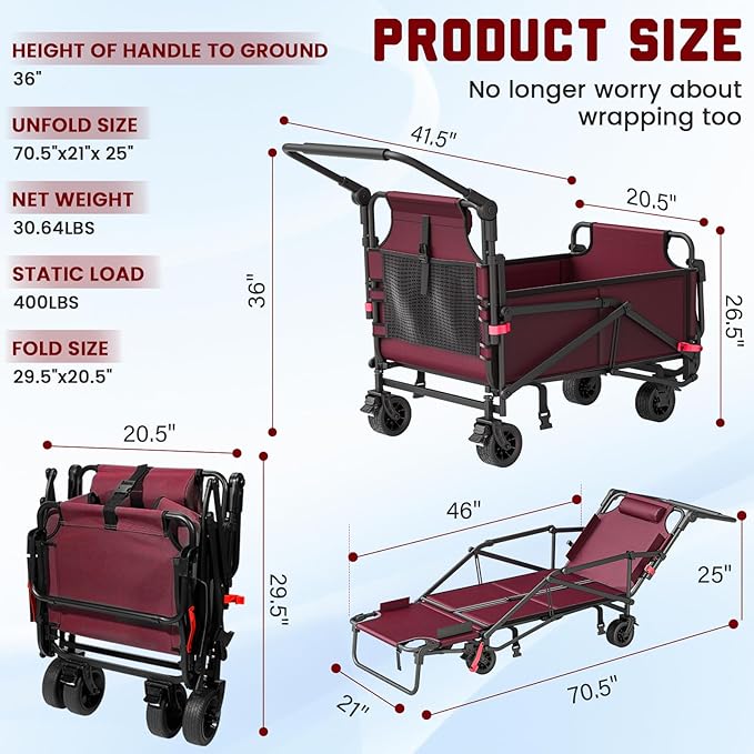 LEVELEVE Heavy Duty Folding Wagon - 2-in-1 Collapsible Cart, 400lb Capacity, All-Terrain Wheels w/Brakes & Side Pockets (Red)