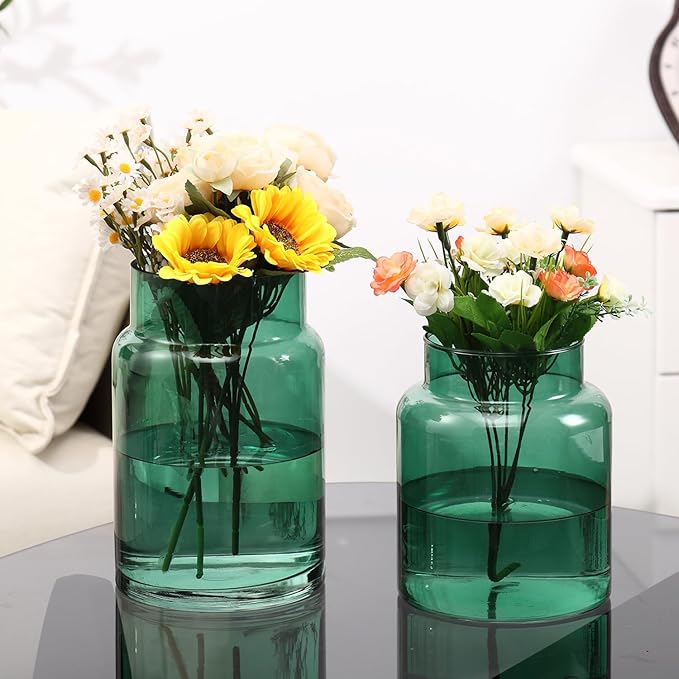 Large Glass Vase, Green Glass Vase Set of 2, Large Flower Vases for Bouquet, Tall Wide Mouth Vases for Flowers, Home, Wedding, Living Room, Office Decor, 7"+9"