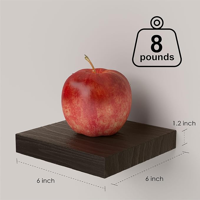 Small Floating Shelves for Wall - 6 Inch Mini Square Rustic Brown Shelves for Bedroom, Living Room, Bathroom, Kitchen, Office Decor Set of 3