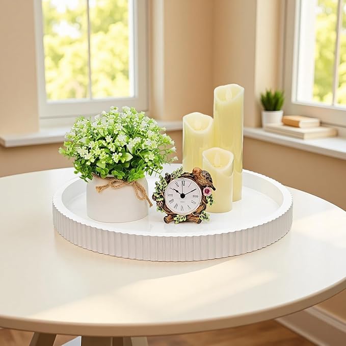 Carah & Cossh Round Wooden Serving Tray, White Round Decorative Wood Tray, Modern Decorative Tray, Perfect for Storage and Display (White B)
