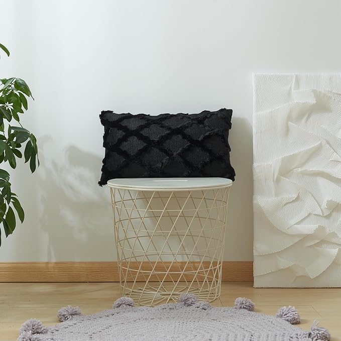 EMMTEEY Boho 12X20 Throw Pillow Covers Set of 2 - Single-Side Fluffy Stripe Stitching Embroidery, Wrinkle Resistant Pillow Case for Couch/Living Room/Bedroom Décor, Black