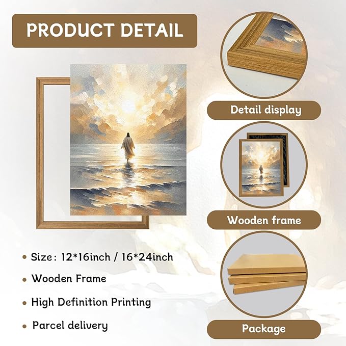 Framed 3D Textured Jesus Walking on Water Wall Art, Christian Bible Stories Wall Decor Paintings, Jesus Walks on Water on Water Back Posters Prints Pictures for Church Living Room Bedroom 12x16 Inch