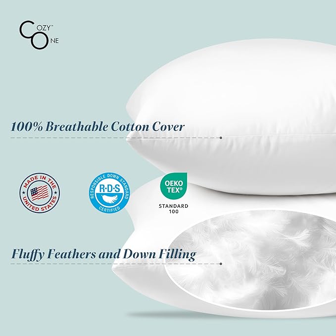 COZY ONE 30x30 Big Square Pillow Inserts - Fluffy Feather and Down Filling, 100% Cotton Shell - Indoor Decorative Pillow Inserts (30x30 inch, White, Set of 2)