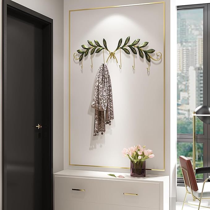 Olive Leaf Gold Wall Coat Hooks 6-Pack, Decorative Wall Mounted Coat Rack，Heavy Duty Metal Entryway Hanger for Hallway, Bathroom, Bedroom, Includes Hardware & Adhesive Strips