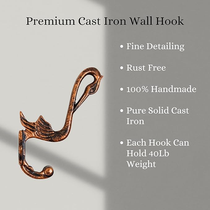 Set of 3 Cast Iron Pelican Shape Coat Hooks Wall Art Decor-Pelican Shape Hangers and Key Holder-Clothes Rack and Backpack Hanger-Coat Hooks Home Decor for Storage,Living Room (Copper Antique)