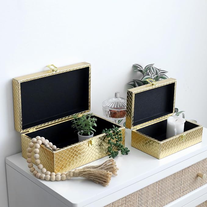 Faux Leather Decorative Jewelry Storage Organizer Boxes Set of 2, Gold