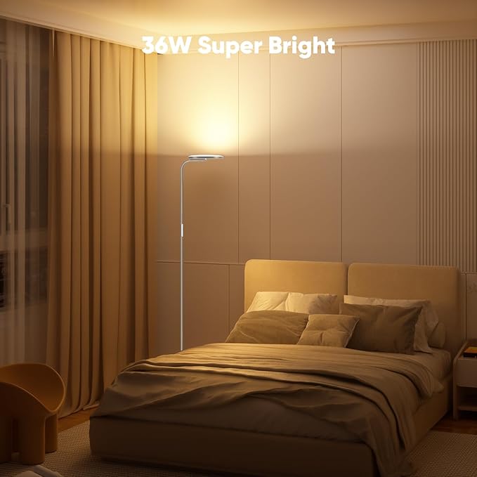 SIBRILLE 36W LED Floor Lamp, Upgrade Super Bright Standing Lamp, Modern Stepless Dimmable Torchiere Tall Lamp with Remote Control, 350°Rotating Head Reading Floor Lamp for Living Room, Bedroom, Office